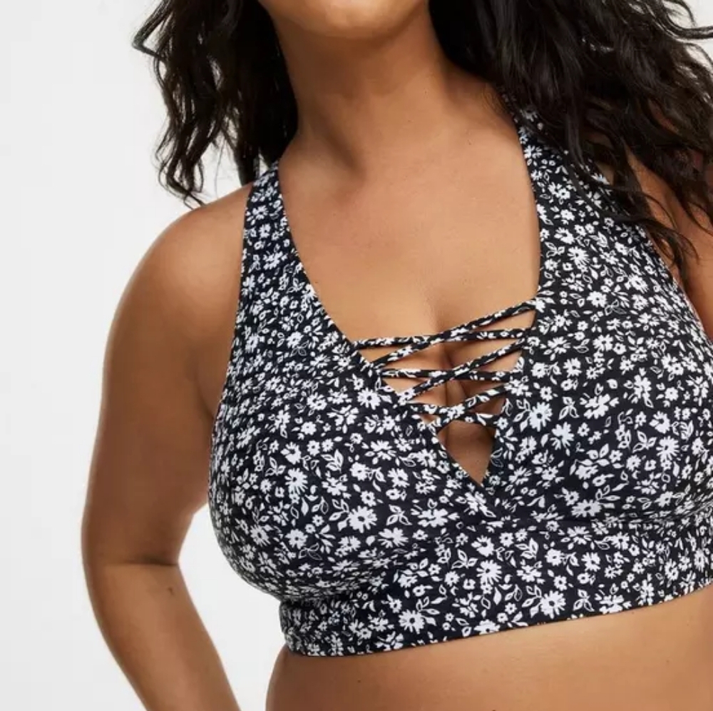 Torrid Wireless XO Ditsy Floral Lace Up Black White Bikini Swim Top 4X Nwt